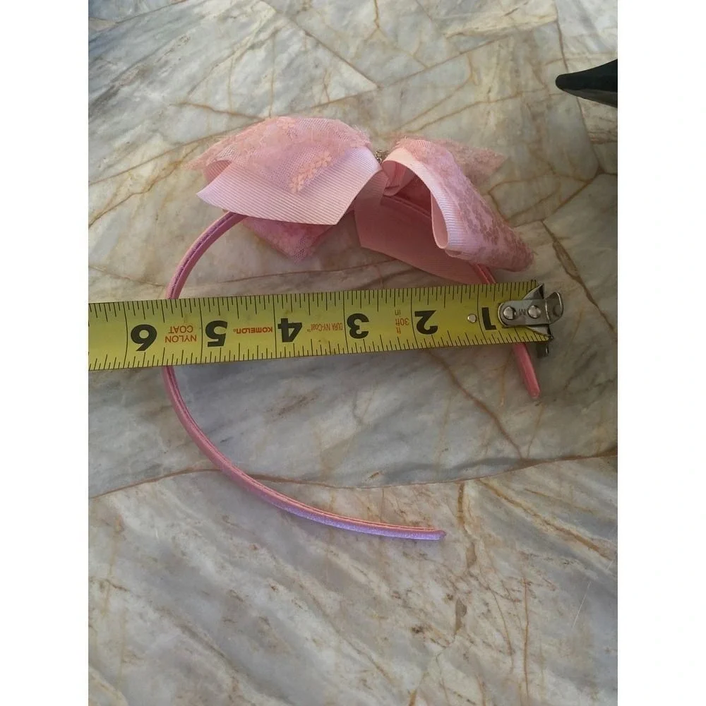 Pink Floral Lace‎ Layered Bow Headband with Rhinestone Center Coquette Style